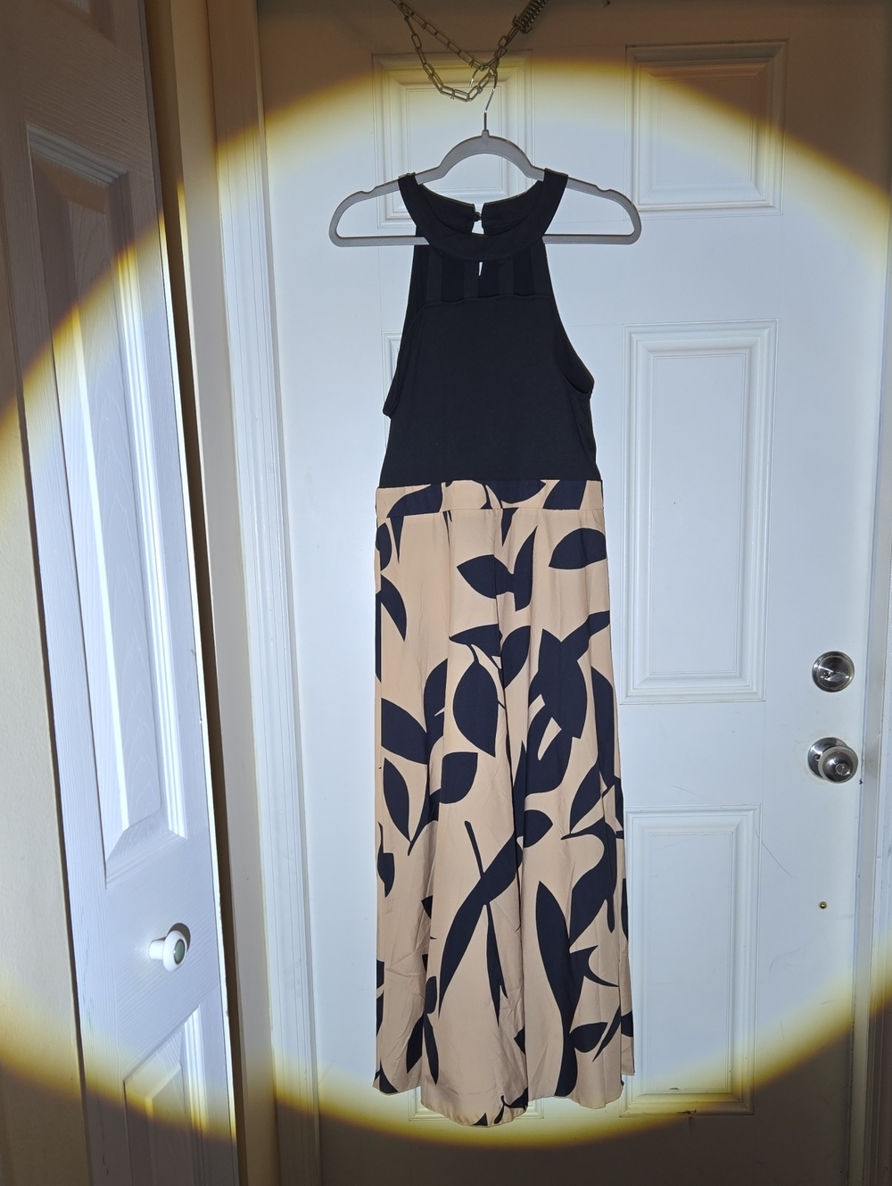 NWOT SHEIN Black Bodice Beige Maxi Dress with Navy Leaf Print